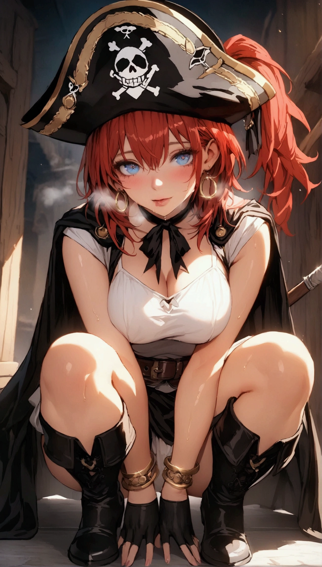 (Masterpiece. The best quality. 8K. Sharp focus. Depth of field, The best shadows. Perfect lighting. HDR. Realistic skin texture. Ultra-detailed background. Detail). Anime style. Honkai: Star Rail. March 7th. 1 girl. Fiery red hair, short hair. Azure blue eyes, beautiful eyes, beautiful eyes, expressive eyes. Beautiful nose, perfect facial features. B-cup breasts, beautiful breasts. Long beautiful legs. Squatting, Ship's toilet. Wants to pee. Need to pee. A strong, desperate urge to pee. She pees while squatting in a ship's toilet, full-length. Wet crotch. Crotch in droplets of urine. A golden stream of urine. Urine flows from her crotch. White steam from her breath, from her mouth. Pirate hat, white blouse, pirate pants, pirate knee-high boots, elbow-length leather gloves, wide belt on the waist, gold bracelets on the arms, gold hoop earrings in the ears. Pirate uniform-cloak. Shoulder straps with the Jolly Roger on the shoulders. On the belt there is a saber and a musket. Full body.