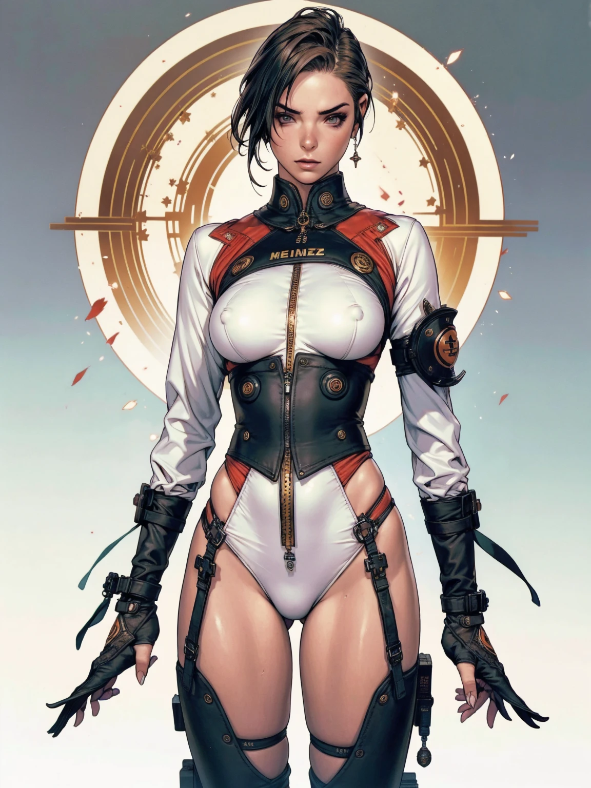 (((Annie Lennox))), ((( military suit ))), (((Bandaged body))), ((high collar)), (((dark red))), (((best qualityer: 1.4))), (Unbeatable masterpiece), (hiper HD),(CG 8k hyper-realistic), (((brave face))), (((breasts big))), (((hyper feminine))), sexly girl, bob hair)), ((( sculptural body ))), (((1 Kizi))), Kizi cibernética de 25 anos com perfectbody,,Beautiful and well-groomed face,muscular body:1.2,solid color detailed jacket, (Head to thigh photos), Complex equipment, green dark,Long pants,Tight clothes are dark,With white stars and off-white stripes,,,,,Armor Metal Electronic Parts, Poison tattoos ) INFO, Kizi, (((standing alone))), pirralha violent, ((())), sexly, pose de atitude, work of art, post-apocalypse, (((manga style))), bounty hunter, violent, Manic, the way you want, slenderbody, thin but strong, perfectbody, roupa moderna, advanced technology, neon, sleeves with vertical striped pattern, neutral background, (( cowboy shot )). intricate visual