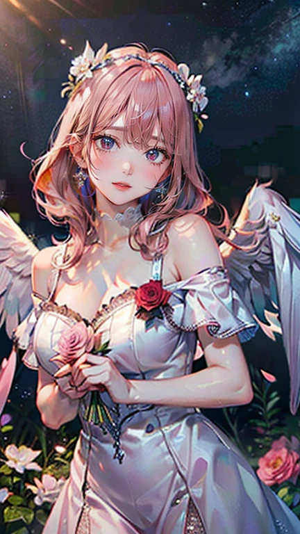 (masterpiece, Highest quality:1.3), (Very detailed:1.2), (hyperRealistic:1.3), (RAW Photos:1.2), High resolution raw color photos, Professional photos, (PhotoRealistic:1.4), (Realistic:1.4), (Pink Hair:1.5), Professional Lighting, Perfect Anatomy, (Big Breasts:1.2), (blush, Detailed face), (smile:1.7), sexy, erotic sexy, ランダムなsexyなグラビアポーズ, (An angel in a white gold off-the-shoulder sundress、so beautiful、Wearing a flower crown and smiling gracefully in a flower field in full bloom、The background is flowers in full bloom、Brilliant starry sky、Pearl Earrings、Pose picking flowers。:1.3)、Archangel Raphael、It has two large white wings on its back..、She looks like an angel.、Taking the form of an archangel、holding a pink rose in hand