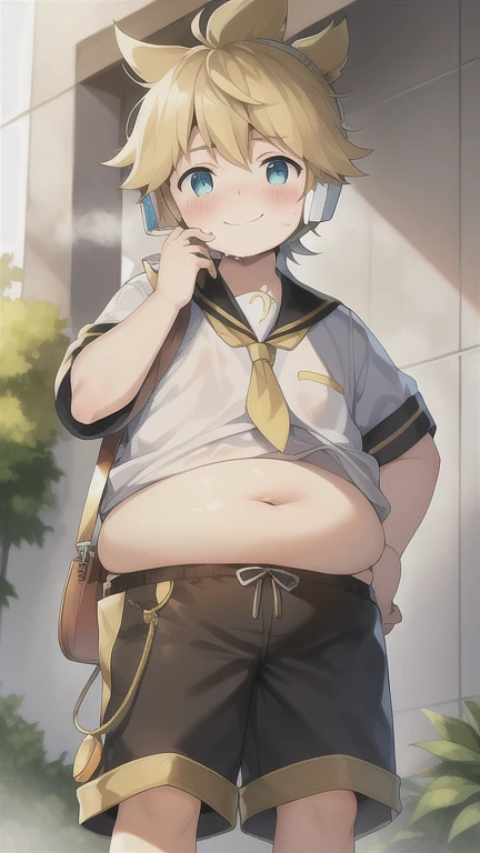 10 year old boy, cute, Kagamine Len, (chubby), (plump), over small sailor uniform, belly exposed, tight short pants, earphones, character focus, tie, holding a bag of chips, (feeling really embarrassed), (blushed), bitter smile, steam on his cheek, sweating, head down