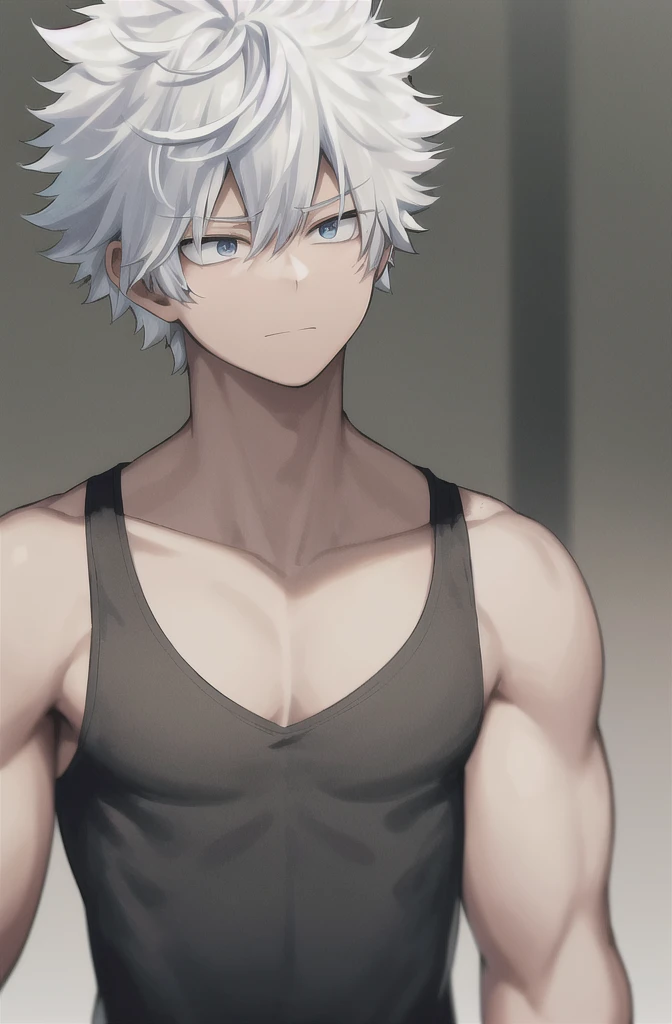 horikoshi kohei, 1boy, absurdres, best quality, short sleeves, black tank top, white hair, blurry, blurry background, boku no hero academia, chama kou, highres, looking away, male focus, muscular, muscular male, closed mouth, blue eyes, short white hair