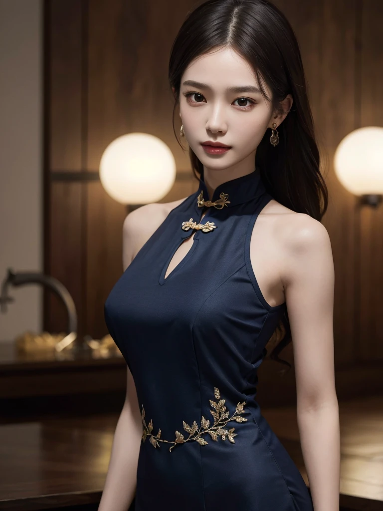 (full body shot), absurdres, RAW photo, extremely delicate and beautiful, masterpiece, Best Quality, ultra high resolution, 32k, hyper realistic, ultra-detailed, Very detailed CG 8k wallpaper, detailed background, landscape, Beautiful Lighting, Perfect Lightning, Realistic Shadows, perfect anatomy, anatomically correct, ideal ratio body proportions, perfect figure, Perfect Style, Perfect balance, super Detailed skin, in her 10s, very Slim body, narrow waist, very small head, very small face, delicate facial features, handsome detailed woman, very detailed eyes and face, realistic face proportions, Realistic beautiful face, Realistic beautiful eyes, tearful mole, earring, ((very huge round tits)), medium hair, asymmetrical hair, wavy hair, (navy cheongsam),