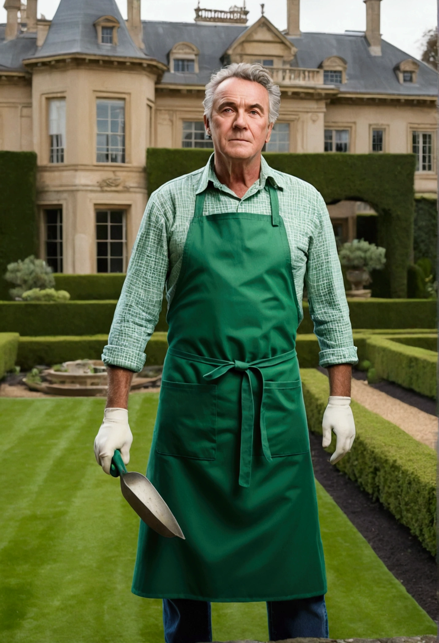 Generate an image of a gardener named John, waking up early, wearing a green apron, ready to start your work in the garden of a large mansion.