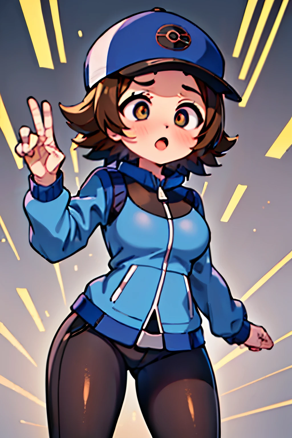 ((masterpiece, best quality)), 1girl, Hilbert (\pokemon\), flat chest, black pants, brown hair, jacket, (blue jacket), brown eyes, baseball cap, short hair, wide eyes, round eyes, thick thighs, :O, O_O, full face blush, ((scared)), shocked, ((wide eyed)), android, short hair, (big eyes:1.5), blush, smoke, android, mechanical parts, sparks, standing, ((cross-eyed)), ((constricted pupils)), medium breasts, thick thighs, arms outstretched 