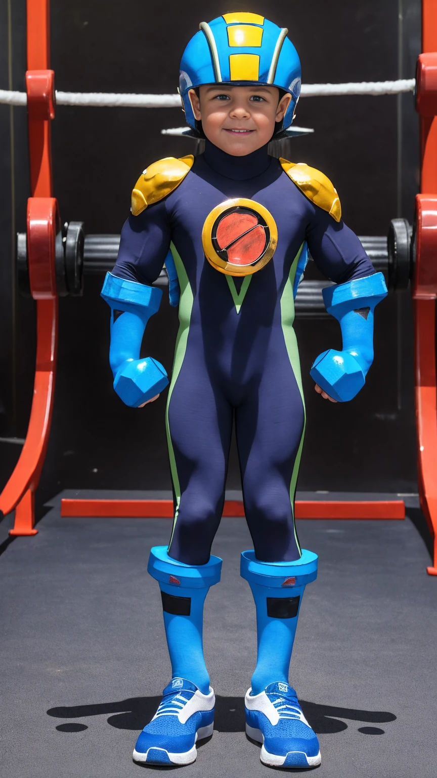 Desert Oasis,Huge muscles,Huge penis,Boy wearing a blue helmet,Hero Suit,（（（8-year-old boy）））,Rubber Suit,Get fit with dumbbells,Painful expression,8-head body and long legs