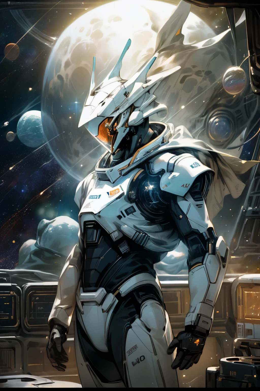 ((space style)), big, humanoid, smal planet's, white suit, metal, Spacial station, Exterior, (masterpiece), (ray tracing), (film lighting), triadic lighting, high definition, light particles,