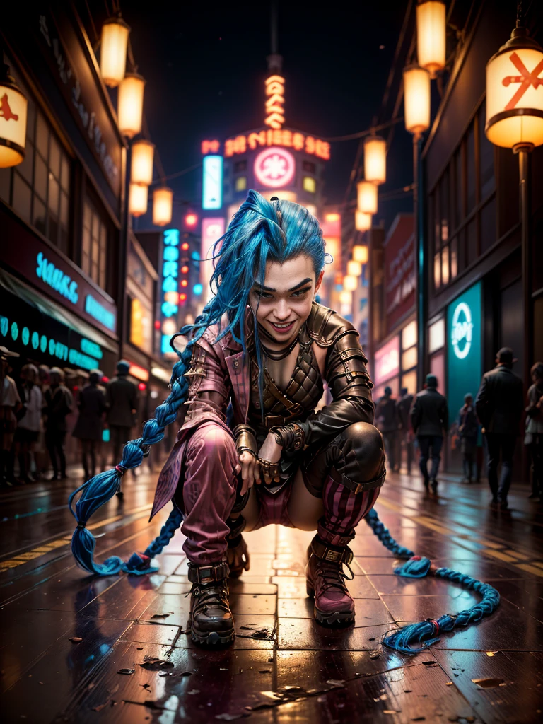 ((Jinx wears a Harajuku Tech costume), Cowboy-shot, wind, tousled hair, (Aesthetics and atmosphere:1.2),smiling, Laugh, from the back, crouching