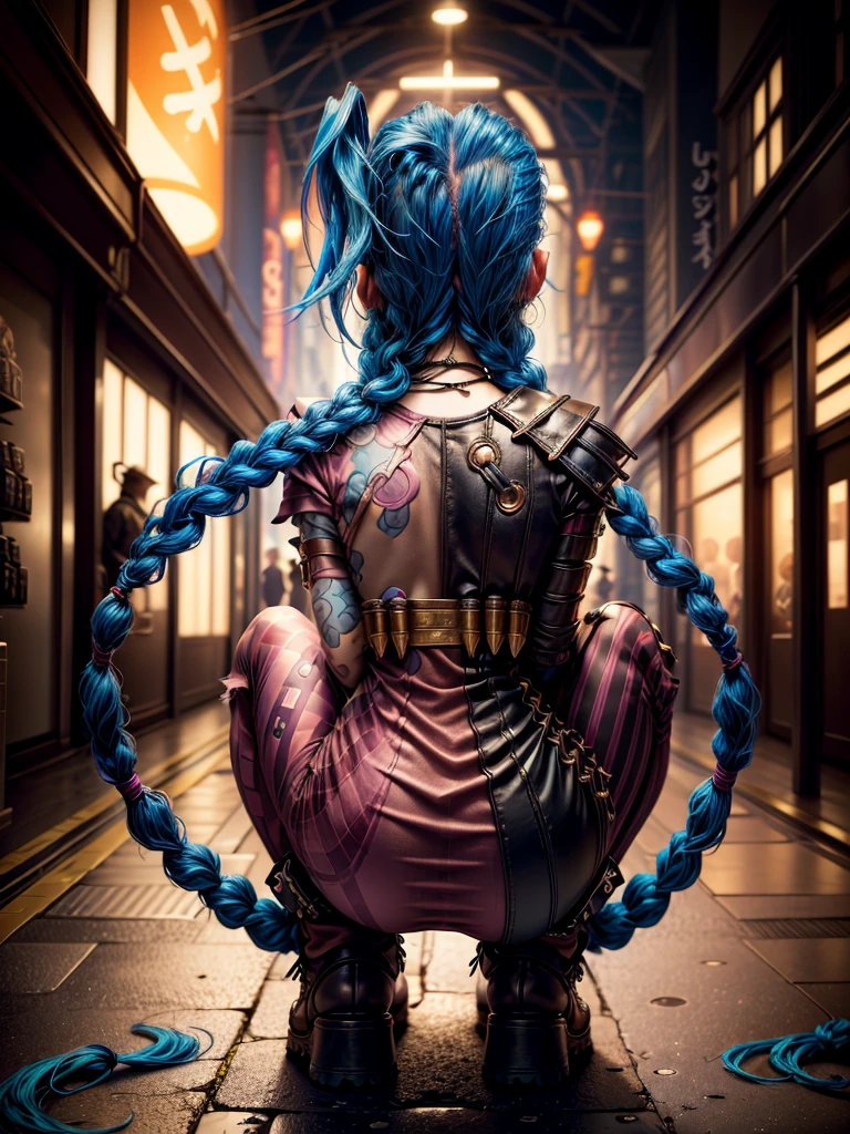 ((Jinx wears a Harajuku Tech costume), Cowboy-shot, wind, tousled hair, (Aesthetics and atmosphere:1.2),smiling, Laugh, from the back, crouching