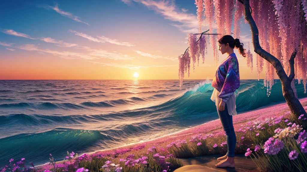 PS, female profile full body, chest, flowers, ocean wave, swirling willow tree 3d digital art collage, sunset gradient palette, fog multilevel world glitch psychedelic trance, high detail