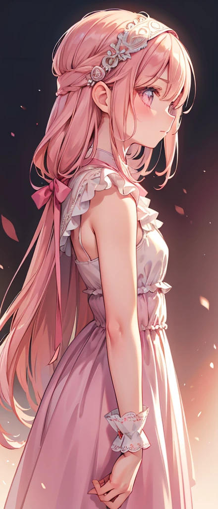 a beautiful girl in a pink dress, standing alone with a cowl headband, profile view looking at the viewer, extremely detailed eyes and face, masterpiece, best quality, high resolution, photorealistic, ultra-detailed, intricate details, delicate features, soft lighting, warm color tones, elegant, feminine, graceful, serene expression