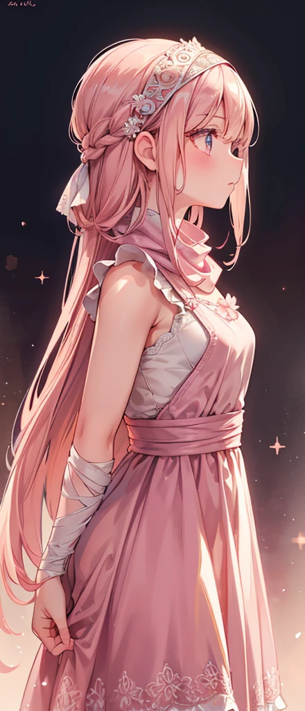 a beautiful girl in a pink dress, standing alone with a cowl headband, profile view looking at the viewer, extremely detailed eyes and face, masterpiece, best quality, high resolution, photorealistic, ultra-detailed, intricate details, delicate features, soft lighting, warm color tones, elegant, feminine, graceful, serene expression