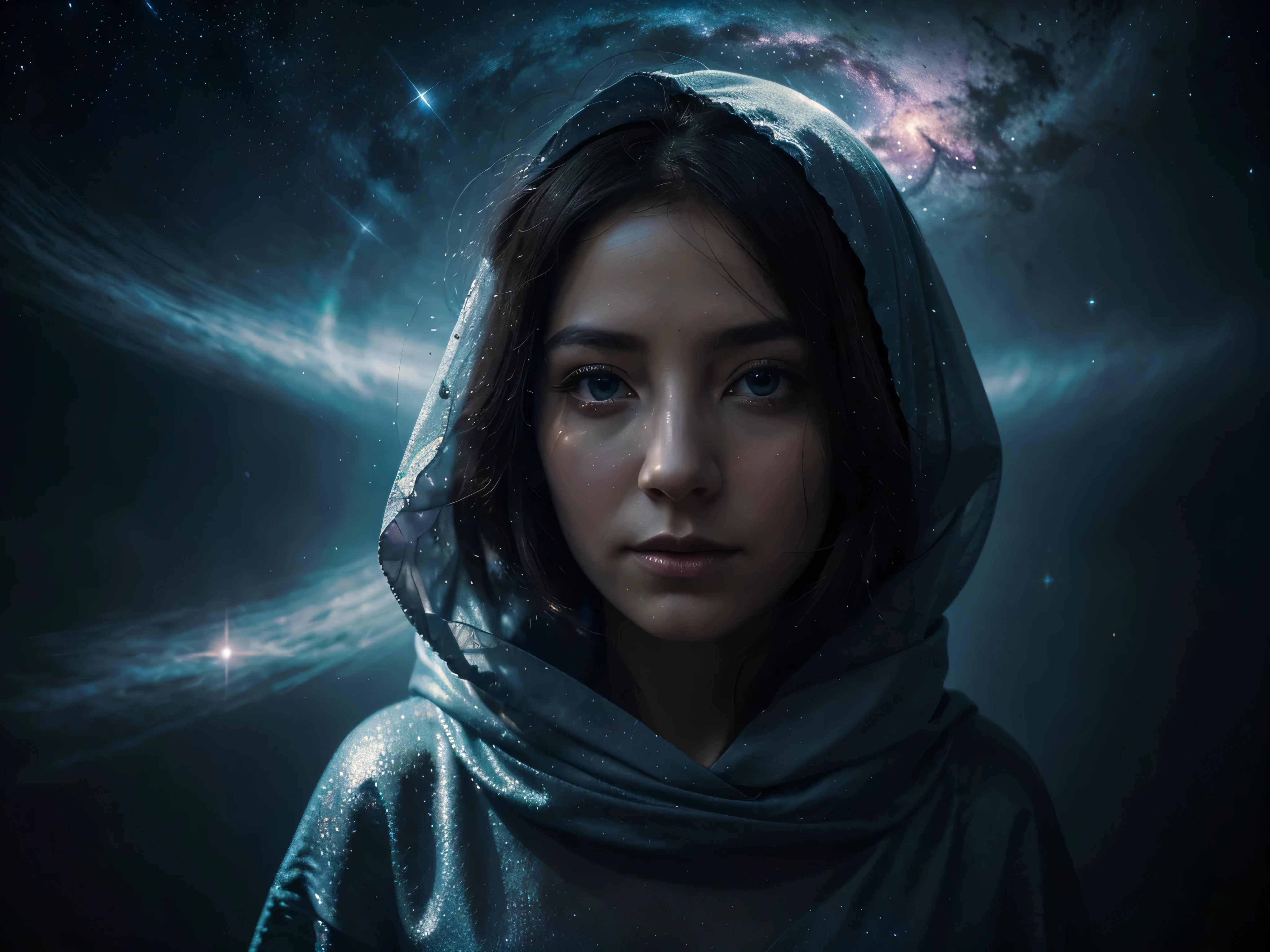 A spectral ethereal traveler, drifting through the cosmic void with ghostly wisps trailing behind. This concept art piece is a digitally rendered painting, showcasing intricate details and vivid colors that bring the otherworldly explorer to life. The figure is cloaked in shimmering, translucent robes that seem to merge seamlessly with the vast expanse of stars and galaxies in the background. The creature's face is obscured by a veil of cosmic dust, giving an air of mystery and intrigue. The overall quality of the image is breathtaking, with a sense of awe and wonder that captures the imagination of the viewer.