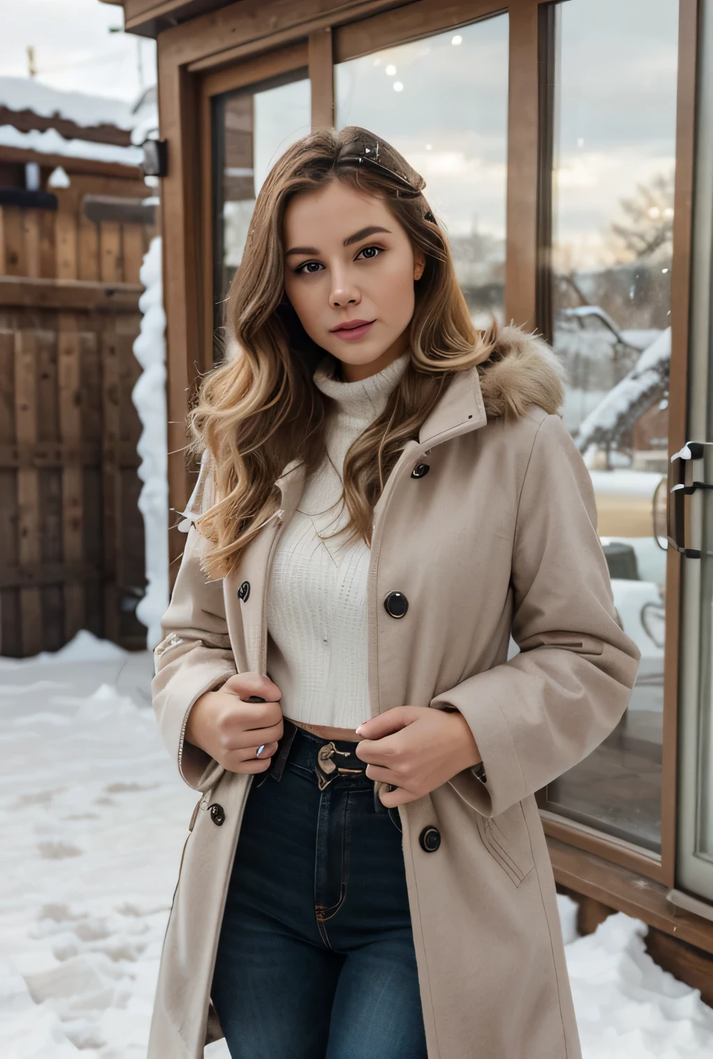 - **Age and Appearance:** 23-year-old woman with an imposing posture and confidence.
- **enviroment:** snow in the background, with a wintery setting and snow-covered landscapes. The sky may be clear or slightly cloudy to create contrast.
- **hairs:** long, extended to the waist, with a mix of blonde and white. Vibrant orange locks are highlighted, criando um efeito visual impressionante. Hair may be slightly wavy or have a soft shine to reflect ambient light.
- **badass clothing:** Dressed in an elegant and sophisticated winter outfit. It could be a long, voluminous coat with orange and silver details. Include accessories like a fur collar or faux fur details.
- **Posture and Expression:** In an upright and confident posture, with a firm and determined look. Facial expression should reflect courage and self-confidence.
- **Additional Detail:** Add small details like snowflakes sticking to hair and clothing, and perhaps a light breeze that causes hair and clothing to move subtly. Lighting can highlight the vibrant tones of hair and create an interesting contrast with the snowy surroundings..