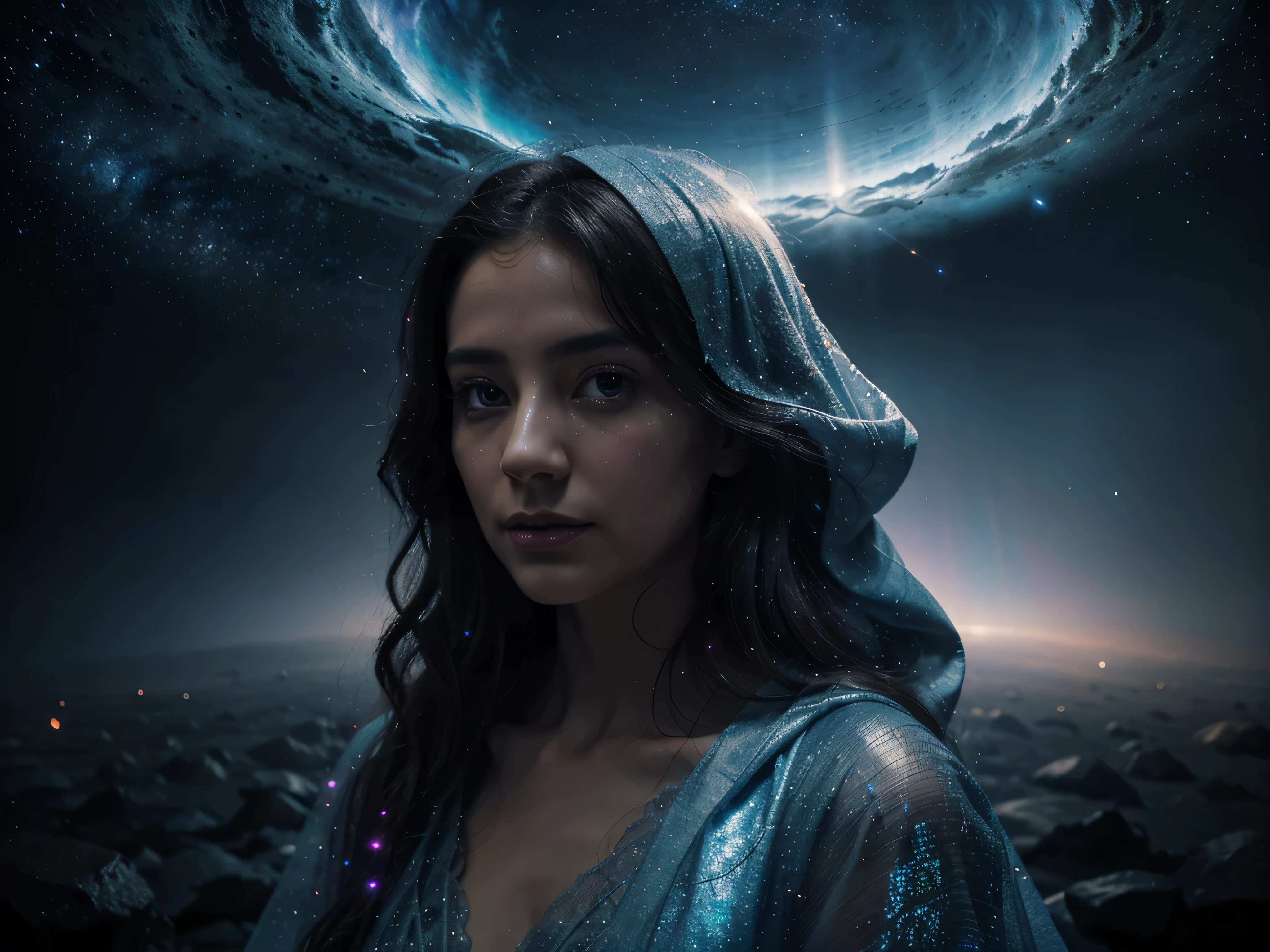 A spectral ethereal traveler, drifting through the cosmic void with ghostly wisps trailing behind. This concept art piece is a digitally rendered painting, showcasing intricate details and vivid colors that bring the otherworldly explorer to life. The figure is cloaked in shimmering, translucent robes that seem to merge seamlessly with the vast expanse of stars and galaxies in the background. The creature's face is obscured by a veil of cosmic dust, giving an air of mystery and intrigue. The overall quality of the image is breathtaking, with a sense of awe and wonder that captures the imagination of the viewer.