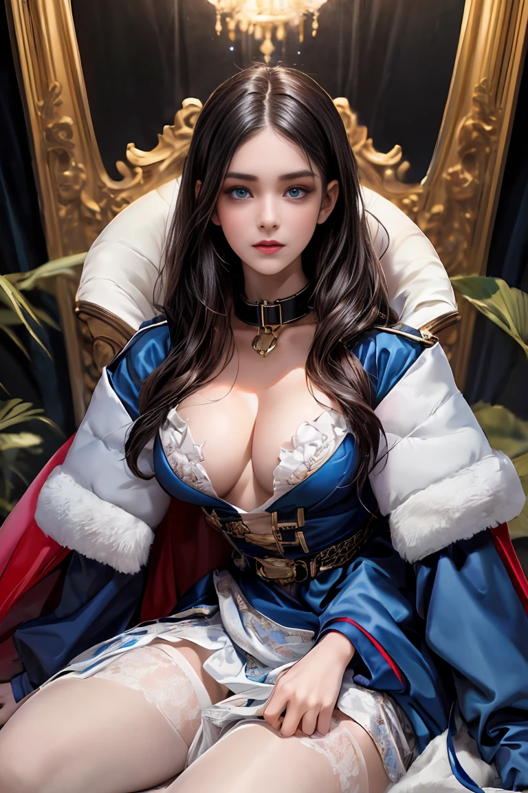 masterpiece, 最high quality, high quality, 1 girl, alone, Female focus, Watching the audience, Messy black hair, Adorable big blue eyes, White, Noble, Noble,Sexy Bomber Cape、A very voluminous, large, very large, very large, long, long red and black cape with a high stand-up collar, made of a lot of fabric that reaches down to the floor., 23 years old,Cute beautiful girls,Cute, cute, kind, pretty girl