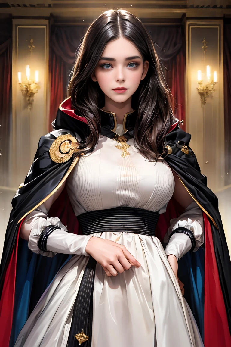 
masterpiece, 最high quality, high quality, 1 girl, alone, Female focus, Watching the audience,  Messy black hair, Adorable big blue eyes, White, Noble, Noble,Sexy Bomber Cape、A very voluminous, large, very large, very large, long, long red and black cape with a high stand-up collar, made of a lot of fabric that reaches down to the floor., 23 years old,Cute beautiful girls,Cute, cute, kind, pretty girl