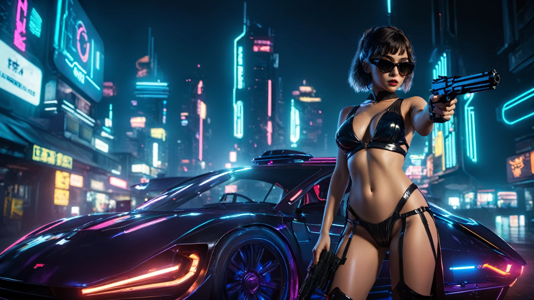 (((aerial view))), Blade Runner style year 1920s dark night street, neon lights, old cars, train. (((1girl, solo, alone))), large-breast:1.2 slim:0.8 body, cleavage:1.1, sexy lingerie with jacket, (black sunglasses), (((she raised a pistol:1.8 and shot:1.8 the viewer))), dynamic pose, (((half-body thigh level medium shot))), cinematic lighting, lens flare, ray tracing, fisheye lens.