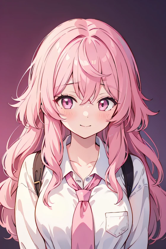 girl, cute anime girl, smile, pink hair, long hair, messy hair, wavy hair, pink eyes, blushing, girl, big tits, beautiful hair style, (((Best Quality: 1.4)))
