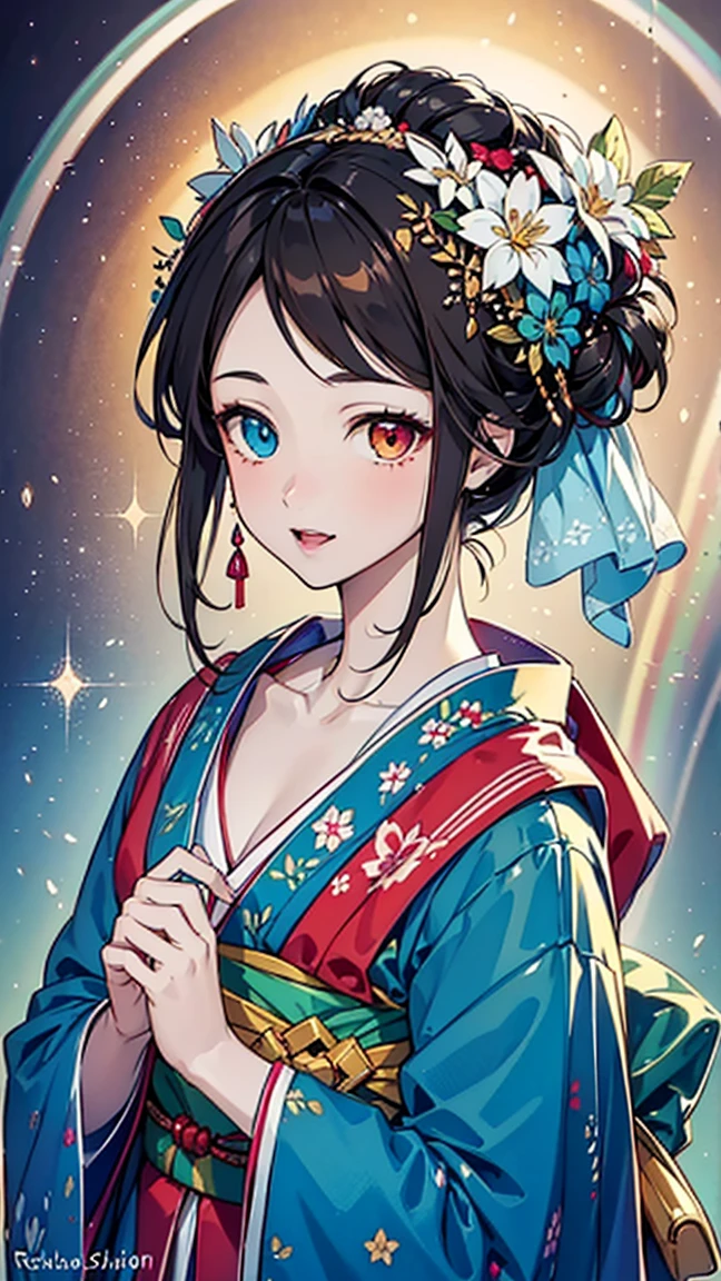 A fusion of watercolor and oil painting, Psychedelic world, Commemorative photo, Japanese Kimono,beautiful girl、Lolita、-yeld gi 1 cute girl、(Look forward), (Looking at this), (Very delicate and beautiful face)、(Beautiful eyes in every detail)、((((Heterochromia Iridum - Red and Blue Eye Color))))、Through the bangs,Brown Hair,Long Hair ,Beautiful attention to detail, Beautiful lip detail, Highly detailed face, Attractive eyes, Long eyelashes, smile, Open your mouth a little, One Girl, Digital Art, pastel colour, ((Use the rainbow as your main color)),Vibrant colors,fantasy art pieces,dream-like,Mythical fantasy with rainbow accents,Fairytale Fantasy, (((Translucent rainbow))),Subtle iridescent details,Gives off an aura of magic,Exquisite detail,Character clothing should be designed in kimono, Heavenly, Soft lighting, Cinematic, romantic, baby dollming above the chest、Colorful gel background、Fractal Floral Background、Sparkling、Perfect lighting、Sharp focus、High resolution、High resolution、High color rendering、High resolution