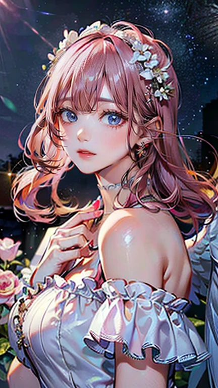 (masterpiece, Highest quality:1.3), (Very detailed:1.2), (hyperRealistic:1.3), (RAW Photos:1.2), High resolution raw color photos, Professional photos, (PhotoRealistic:1.4), (Realistic:1.4), (Pink Hair:1.5), Professional Lighting, Perfect Anatomy, (Big Breasts:1.2), (blush, Detailed face), (smile:1.7), sexy, erotic sexy, ランダムなsexyなグラビアポーズ, (An angel in a white gold off-the-shoulder sundress、so beautiful、Wearing a flower crown and smiling gracefully in a flower field、Pearl Earrings、Pose picking flowers。:1.3)、Archangel Raphael、It has large white wings on its back.、Has the appearance of an angel、Taking the form of an archangel、holding a pink rose in hand