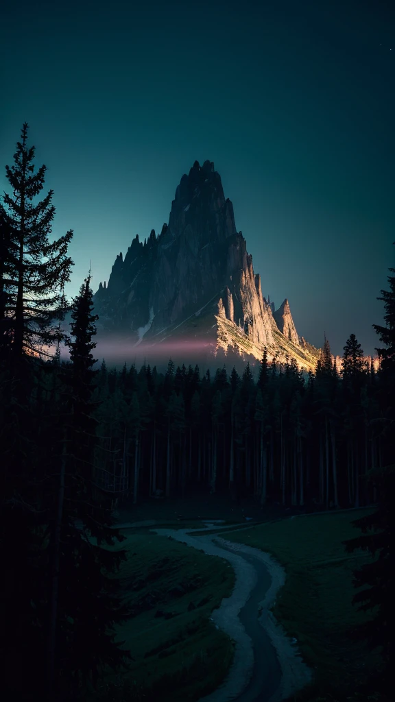 (masterpiece, best quality:1.4), cinematic light, colorful, high contrast, mountain, grass, tree, night, (horror (theme):1.2), (monster:1.2), dark
