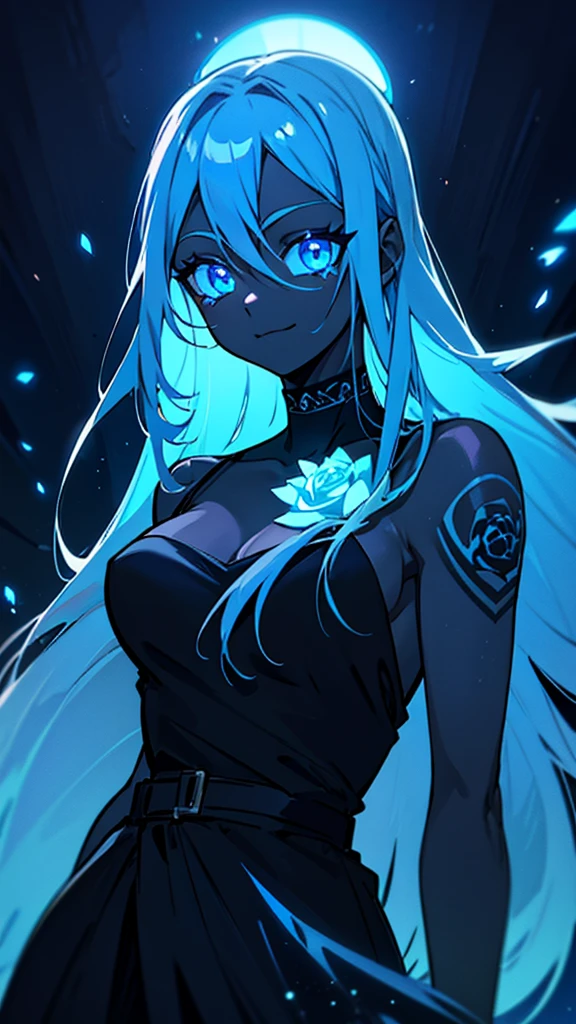 black skin, anime woman, happy, glowing light blue eyes, glowing light blue tattoos, glowing light blue straight hair, wearing a black dress, black roses in hair