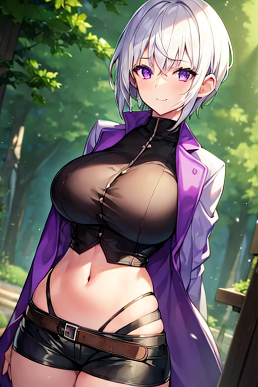 1girl, white hair, very short hair, purple eyes, pixie cut, light smile, breasts, large breasts, thick thighs, toned, black shirt, shirt, coat, green coat, green cape, belt, shorts, white pants, knife, young face, forest, cropped clothes