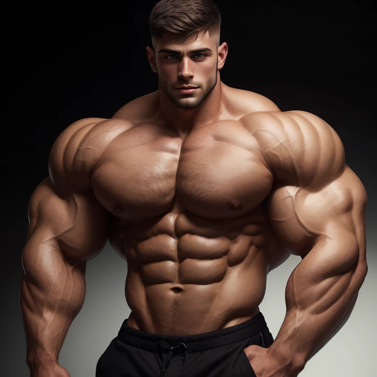 a young and very handsome man, shirtless, extremely handsome, very handsome and extremely handsome face, short hair, mid fade haircut, massively muscular, with massively large muscles, with massively large biceps and arms, on a black background