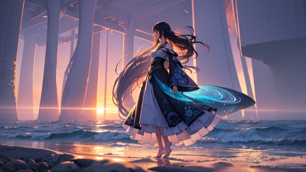 PS, female profile full body, chest, flowers, ocean wave, swirling willow tree 3d digital art collage, sunset gradient palette, fog multilevel world glitch psychedelic trance, high detail