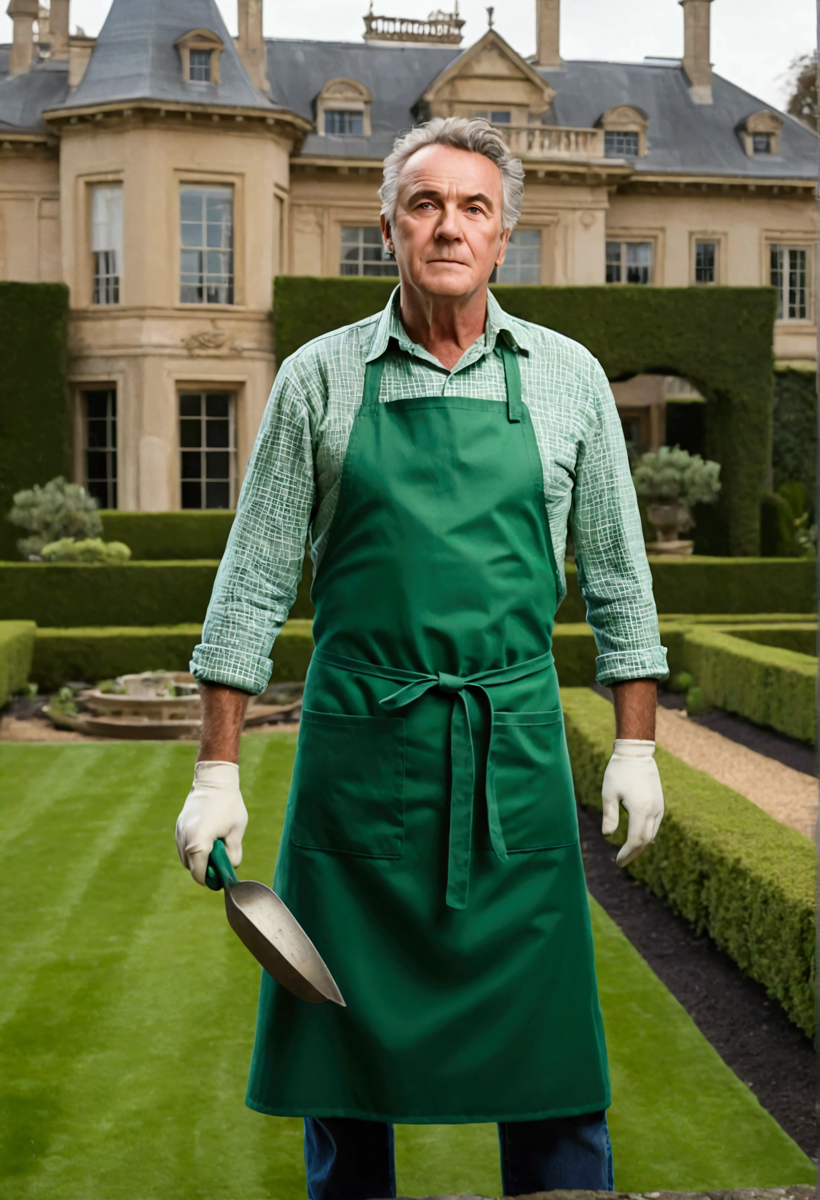 Generate an image of a gardener named John, waking up early, wearing a green apron, ready to start your work in the garden of a large mansion.