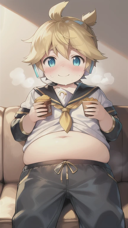 10 year old boy, cute, Kagamine Len, (chubby), (plump), over small sailor uniform, belly exposed, tight short pants, earphones, character focus, tie, grabbing some chips from a table, lying on a sofa, (feeling really embarrassed), (blushed), bitter smile, steam on his cheek, sweating, head down