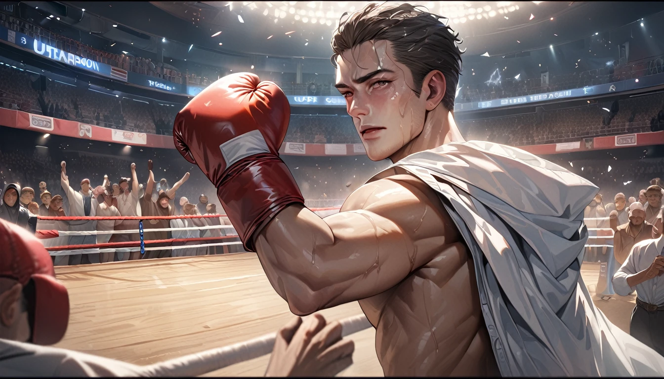 Super detailed, ultra hd, 8k, best quality, masterpiece, super realistic, man, boxer, after fight, boxing arena, cheering crowd, champion, spirit face, perfect face, realistic light