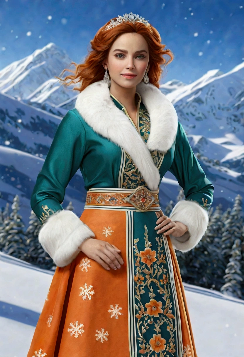 **Age and Appearance:** 23-year-old woman with an imposing posture and confidence.
- **enviroment:** snow in the background, with a wintery setting and snow-covered landscapes. The sky may be clear or slightly cloudy to create contrast.
- **hairs:** long, extended to the waist, with a mix of blonde and white. Vibrant orange locks are highlighted, criando um efeito visual impressionante. Hair may be slightly wavy or have a soft shine to reflect ambient light.
- **badass clothing:** Dressed in an elegant and sophisticated winter outfit. It could be a long, voluminous coat with orange and silver details. Include accessories like a fur collar or faux fur details.
- **Posture and Expression:** In an upright and confident posture, with a firm and determined look. Facial expression should reflect courage and self-confidence.
- **Additional Detail:** Add small details like snowflakes sticking to hair and clothing, and perhaps a light breeze that causes hair and clothing to move subtly. Lighting can highlight the vibrant tones of hair and create an interesting contrast with the snowy surroundings..
