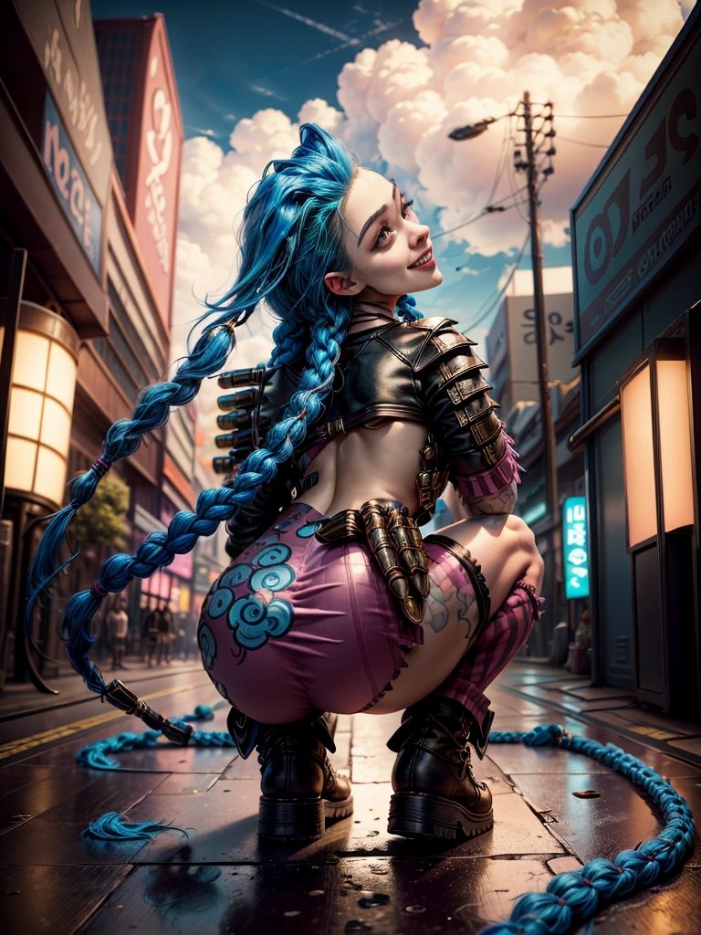 ((Jinx wears a Harajuku Tech costume), Cowboy-shot, wind, tousled hair, (Aesthetics and atmosphere:1.2),smiling, Laugh, from the back, crouching