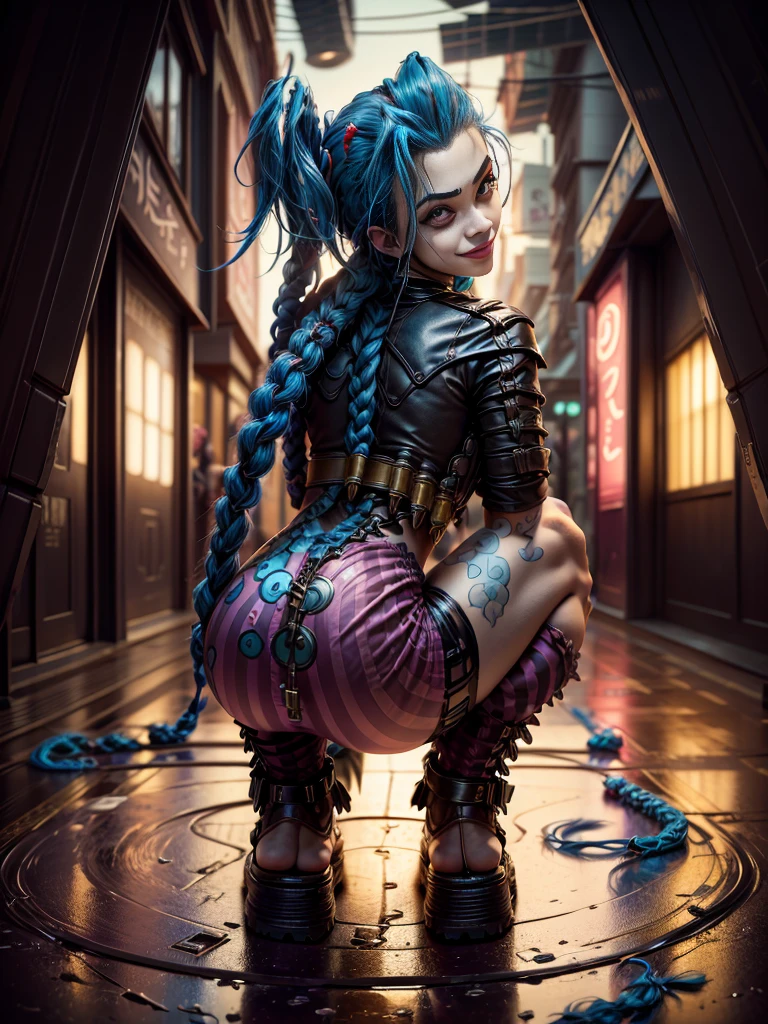 ((Jinx wears a Harajuku Tech costume), Cowboy-shot, wind, tousled hair, (Aesthetics and atmosphere:1.2),smiling, Laugh, from the back, crouching