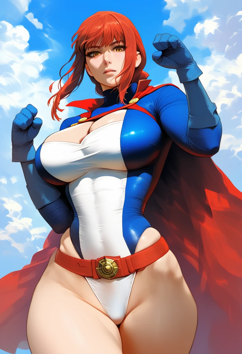 1girls, (solo:1.3), (cowboy shot:1.3), (looking at viewer:1.2), (hero pose:1.3),
pwrgirl, cape, leotard, cleavage cutout, long sleeves, blue gloves, red belt, (large breasts:1.3), curvy, white leotard
BREAK sakimichan, (realistic shading:1.2), semi-realistic proportions, soft shading, minimal lineart
BREAK intricate details, (masterpiece:1.3), (best quality:1.3), (perfect anatomy:1.4) BREAK, (beautiful white clouds:1.3), puffy clouds, white sky