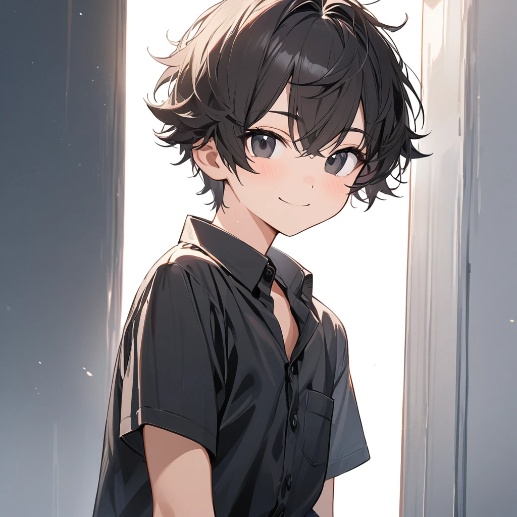 artwork, best quality, well detailed, boy, cute, black eyes, dark hair, short hair, messy hair, smiling, dress shirt, black shirt, short sleeves, looking at viewer, standing, still, only showing torso and head, simple white background.