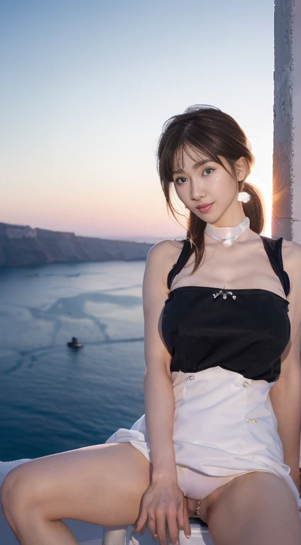 (((masterpiece:1.4, best quality:1.4, 8K, ultra high resolution, Photo realism, Physically based rendering))), sharp focus, full body portrait, full-body shot, flat lighting, Super beautiful sexy woman, very beautiful japanese woman, Perfect body:1.1, 24 years old, alone, Delicate big eyes, Meticulous eyebrows, Highlights, (((Brown long straight low half bun:1.3, hair behind ears, Bangs))), (A strong wind blew her hair up:1.4), Highly detailed facial and skin textures, slim and beautiful:1.4, ((sleeveless, Transparent black body-fitting dress:1.5, Off the shoulders:1.5)), ((huge breasts:1.6)), (breast exposed:1.2), small areola, Thin waist and thin abdominal muscles, (dress lift:1.6), (Detailed beautiful pussy exposed, :1.4), full-body shot, (Thin and long), No makeup, clear facial features, looking at the audience, (Smile:1.4, open mouth:1.1), (Raise your legs:1.2, sitting,her push forward:1.3、spread legs, camel toe), (Front view), (Sunset), (incredible sky:1.2), (Santorini:pearl of greece, This island is famous for its stunning white architecture, known for its colorful dome and spectacular Sunset:1.3),