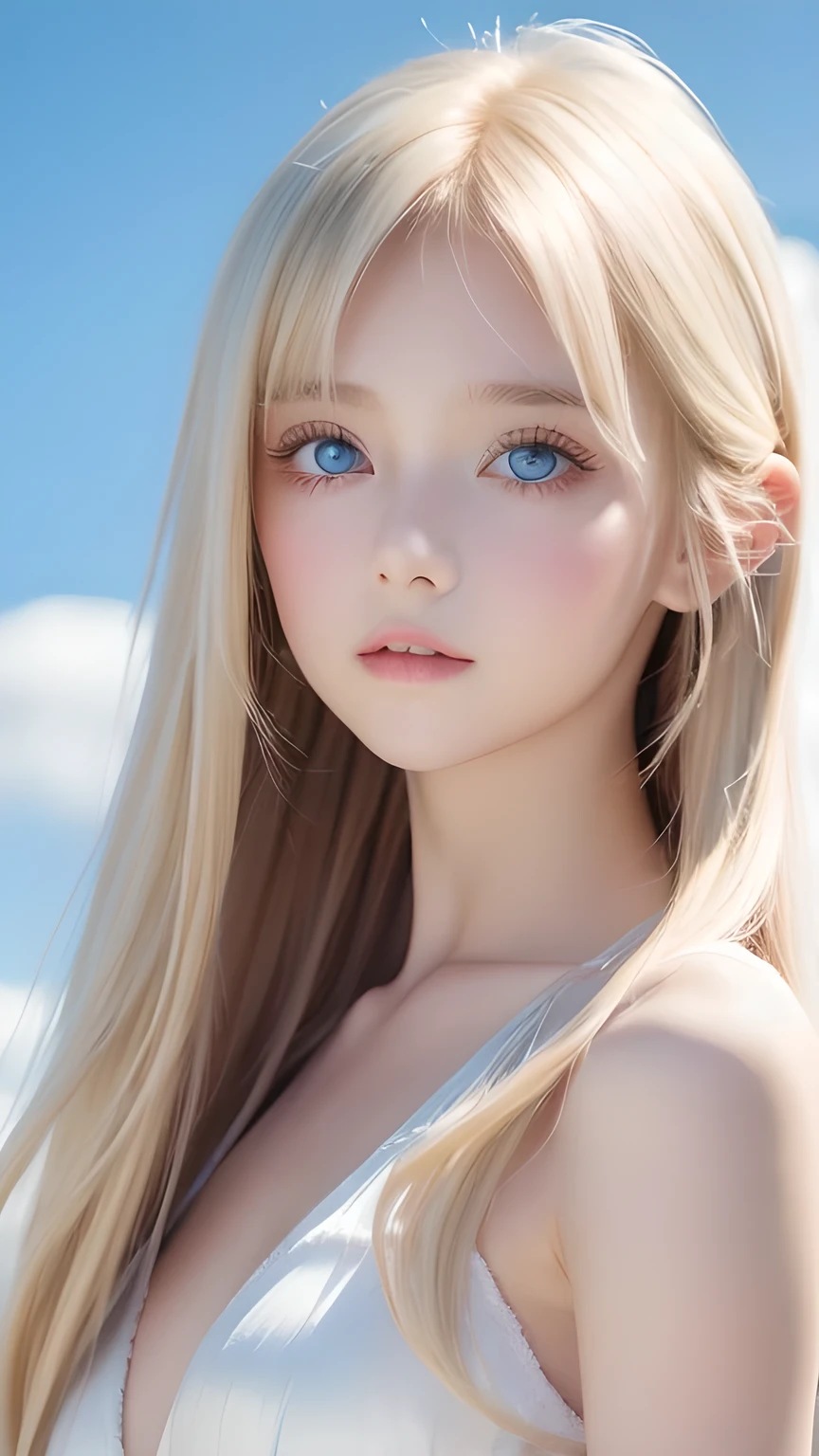 Crystal clear and shiny skin、Cute  13 year old with beautiful face、Very large, beautiful, bright, pale sky blue eyes、Very big eyes、Super long straight hair that shines in the light、Long, silky bangs that cover her cute eyes、Hair that hides sexy features、too long bangs、Sexy and cute young beauty、Super long natural young blonde hair with sparkling highlights Blonde over one eye Blonde over one eye、Blonde hair between the eyes