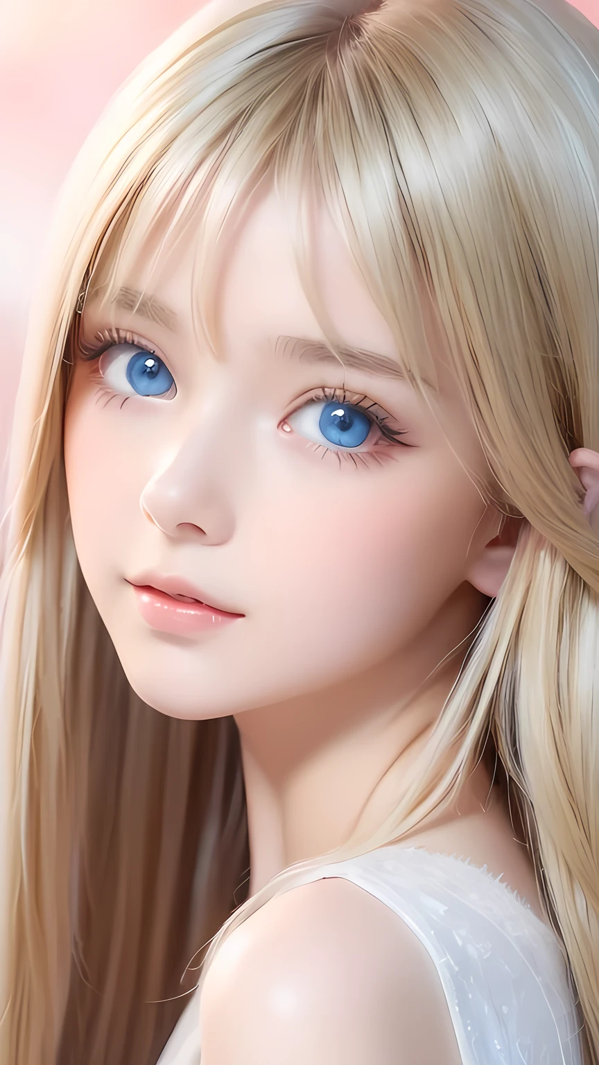 Crystal clear and shiny skin、Cute 13 year old with beautiful face、Very large, beautiful, bright, pale sky blue eyes、Very big eyes、Super long straight hair that shines in the light、Long, silky bangs that cover her cute eyes、Hair that hides sexy features、too long bangs、Sexy and cute young beauty、Super long natural young blonde hair with sparkling highlights Blonde over one eye Blonde over one eye、Blonde hair between the eyes