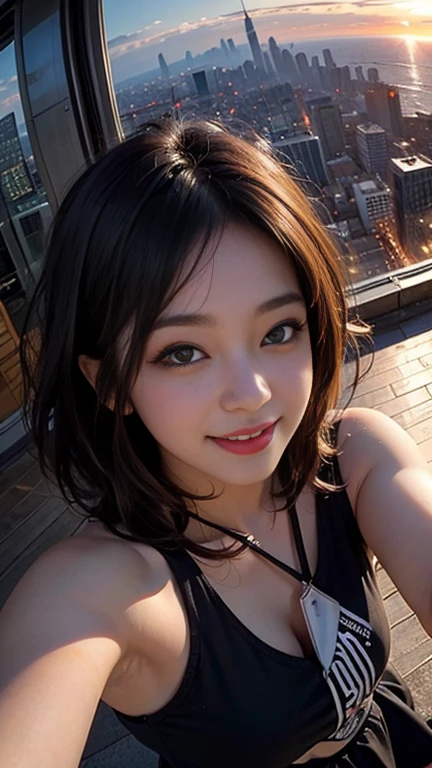 One girl, Korean, Fisheye Lens, Selfie, Wind, Messy Hair, sunset, Cityscape, (Aesthetics and atmosphere:1.2),smile