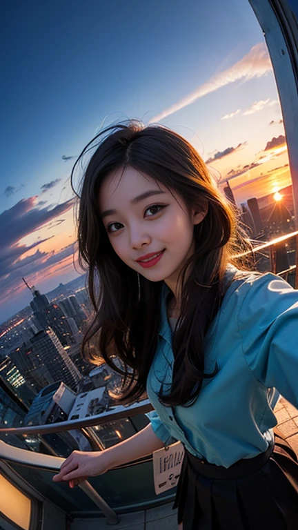 One girl, Korean, Fisheye Lens, Selfie, Wind, Messy Hair, sunset, Cityscape, (Aesthetics and atmosphere:1.2),smile