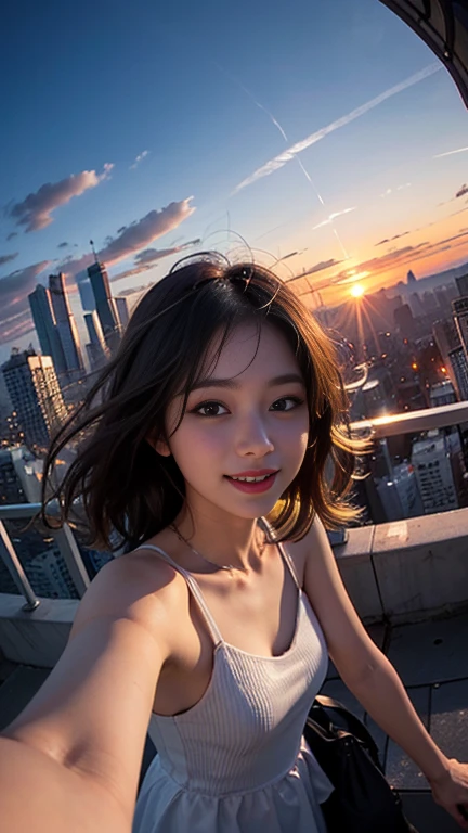 One girl, Korean, Fisheye Lens, Selfie, Wind, Messy Hair, sunset, Cityscape, (Aesthetics and atmosphere:1.2),smile