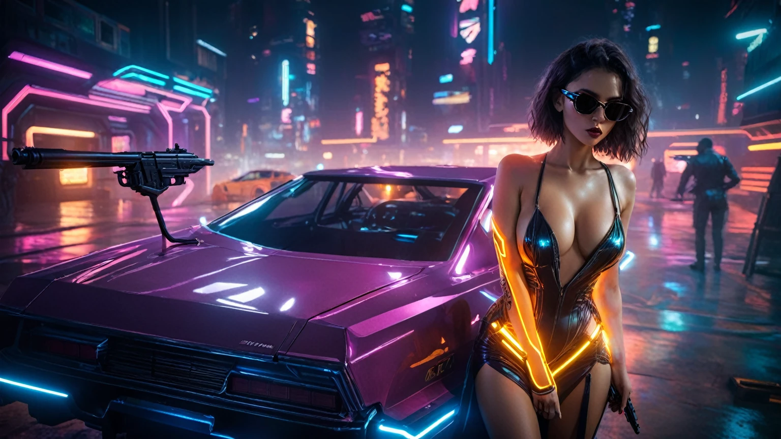 (aerial view), Blade Runner style futuristic cars park, neon lights, at night. (1girl, solo, alone), large-breast:1.2 slim:0.8 body, cleavage:1.1, sexy dress:1.4, black micro sunglasses, holding a pistol:1.8, dynamic pose, half-body thigh level medium shot, cinematic lighting, ray tracing.