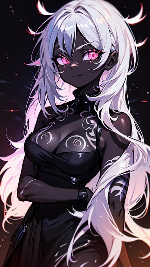 black skin, anime woman, happy, glowing silver eyes, glowing silver tattoos, messy glowing silver hair , wearing a black dress