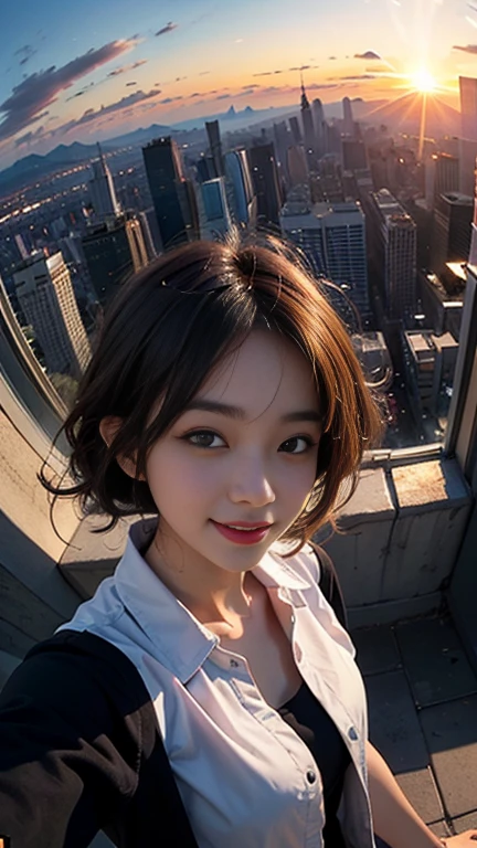 One girl, Korean, Fisheye Lens, Selfie, Wind, Messy Hair, sunset, Cityscape, (Aesthetics and atmosphere:1.2),smile