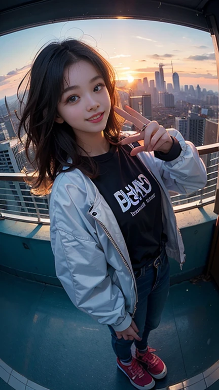 One girl, Korean, Fisheye Lens, Selfie, Wind, Messy Hair, sunset, Cityscape, (Aesthetics and atmosphere:1.2),smile