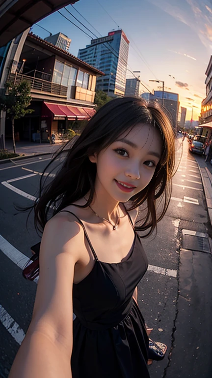 One girl, Korean, Fisheye Lens, Selfie, Wind, Messy Hair, sunset, Cityscape, (Aesthetics and atmosphere:1.2),smile