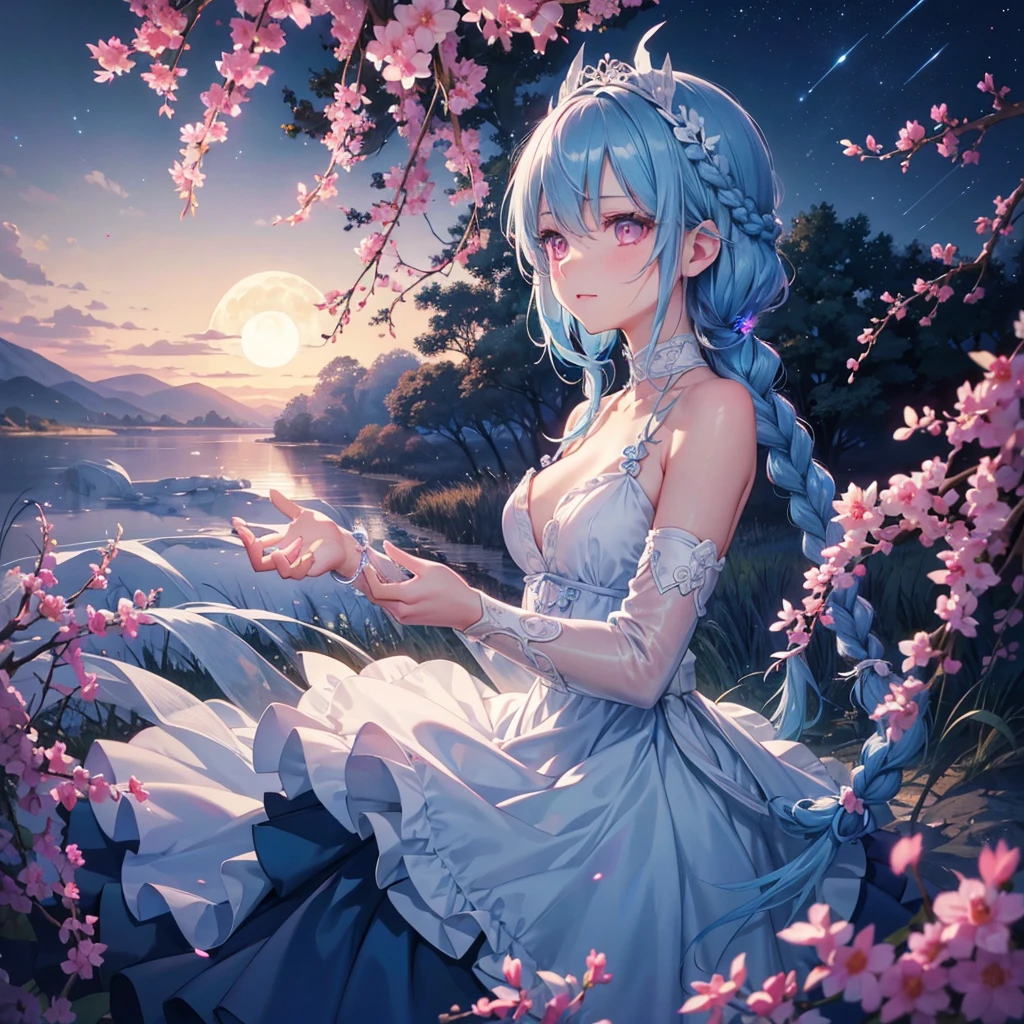 Sky blue hair, (1 braided hair), (Pink eyes),Fair skin) ,(whole body),(One Girl),(White sweet dumpling),Miscanthus sinensis,(beautiful, Full moon shining in the night sky),(masterpiece, Highest quality, Very detailed, Best Shadow), (Detailed Background), (Beautifully detailed face), High Contrast, (Best lighting, Very delicate and beautiful), ((Cinematic Light)), Hyper Detail,8k, Dramatic Light, Intricate details,