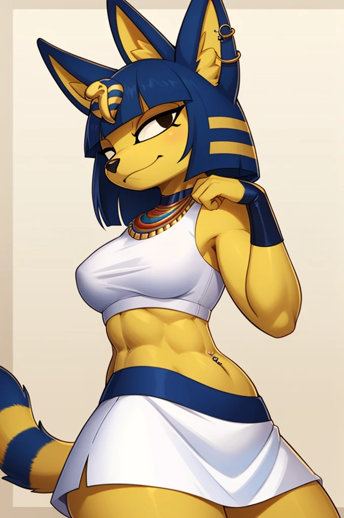 ((best quality)), ((masterpiece)), (detailed), ((2k)), trending on artstation, furry, furry style, anthro style, perfect face, a digital artwork of a sexy Ankha with abs wearing a crop top of her white sleeveless dress with white long dress skirt, a bare midriff, a bare navel, an exposed belly button, Egyptian setting, smug face, tail, blue Egyptian handbands, Egyptian necklace, navel piercing, sideview 